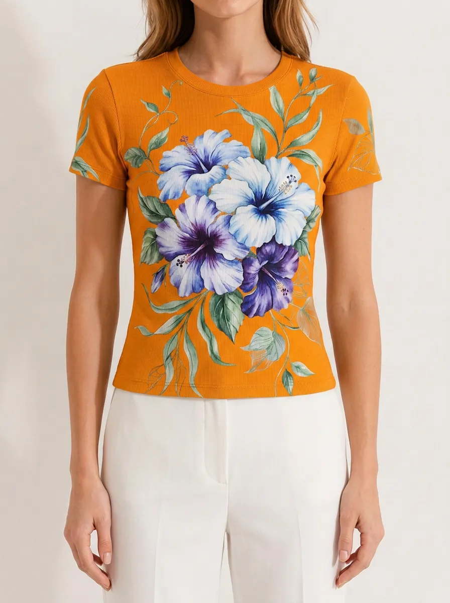 Women's Tropical Hibiscus Flower Printed Ribbed T-shirt