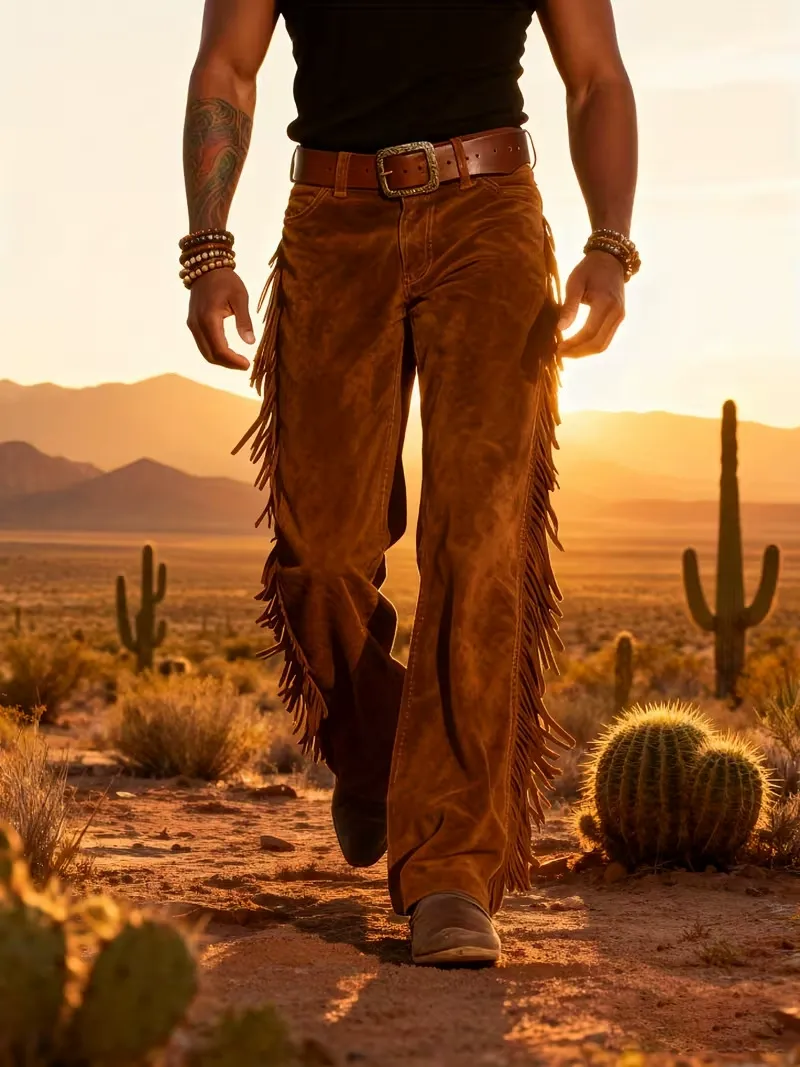 Men'S Retro Western Deerskin Velvet Fringed Wide Leg Pants