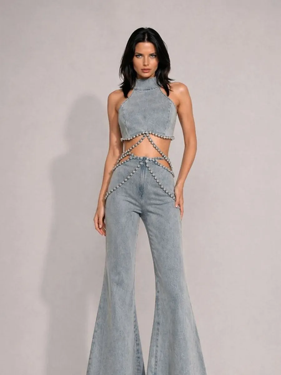 Aislinn Rhinestone-Embellished High-Waisted Denim Two Piece Set