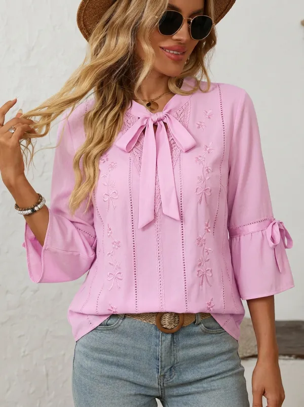Women's Tie-neck Floral Embroidered Lace-trim Blouse