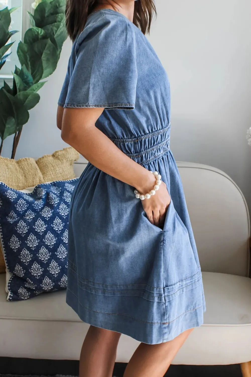 Denim Look Short Sleeve Mini Dress