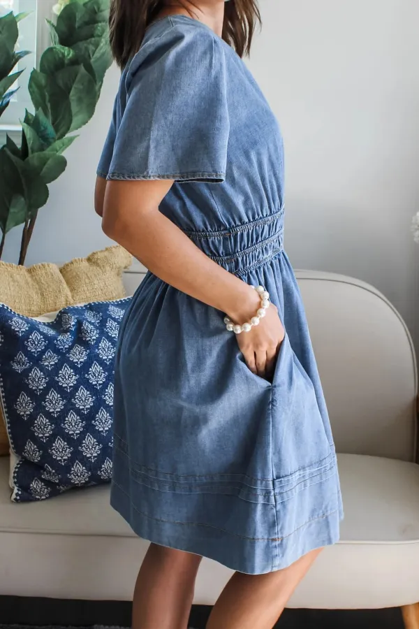 Denim Look Short Sleeve Mini Dress