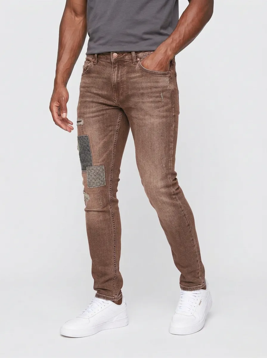 Men's Geometric Patchwork Distressed Graphic Slim-Fit Jeans