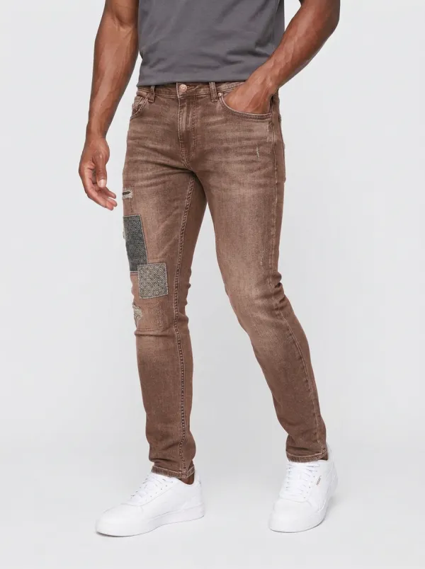Men's Geometric Patchwork Distressed Graphic Slim-Fit Jeans