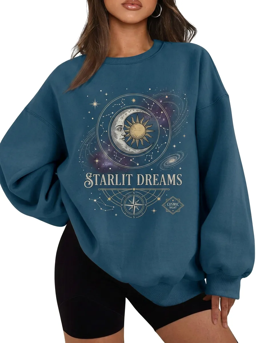 Women's Celestial Starlit Dreams Sun Moon Constellation Printed T-shirt