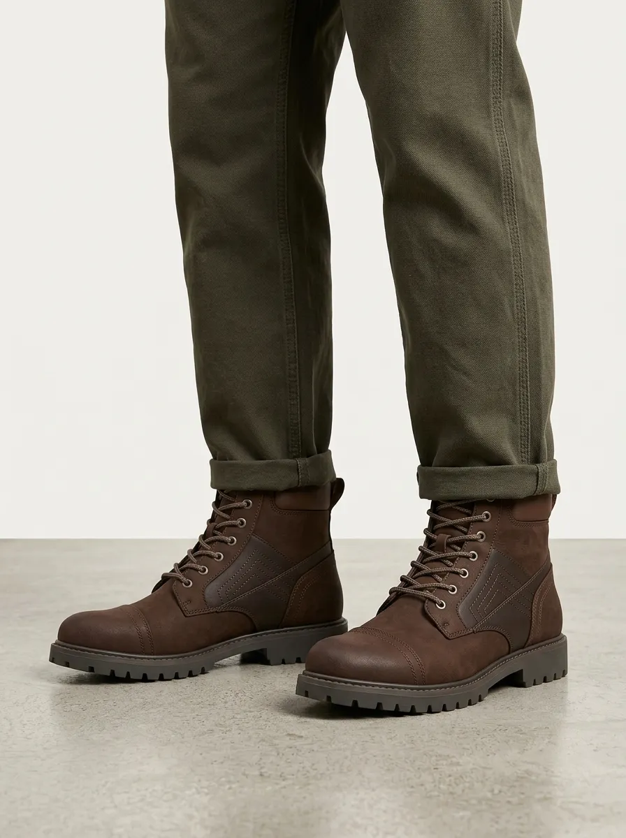 Unisex Leather Tactical Stitched Print Work Boots