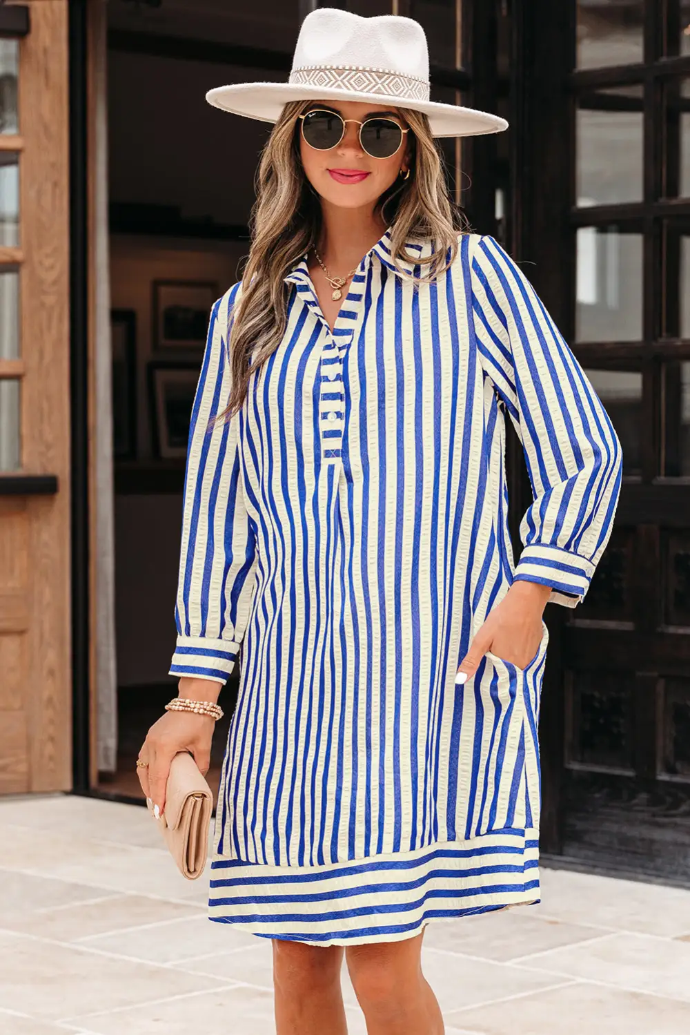 Striped Half Button Pocketed Mini Dress
