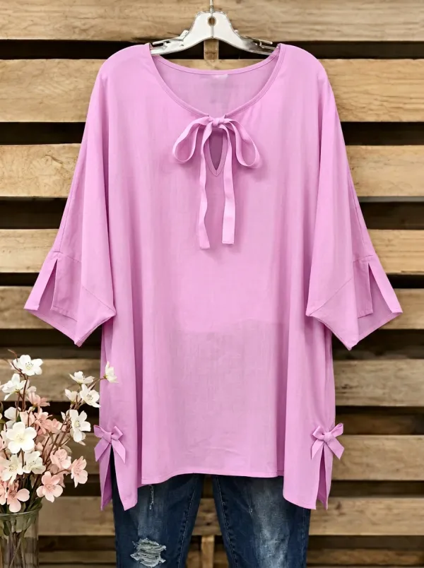 Women's Round Neck Tie-neck Elbow Sleeve Blouse