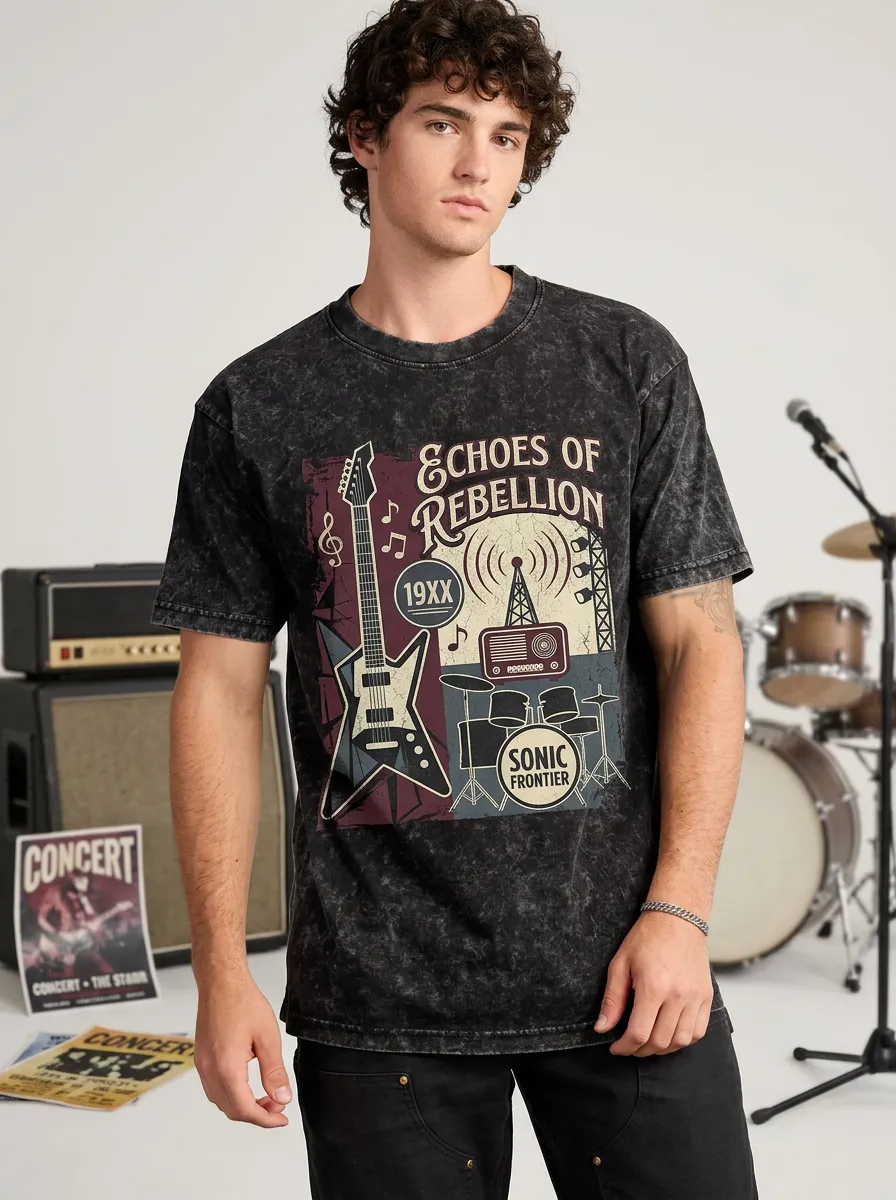 Men's Rock Music Lover Guitar Radio Printed Acid Wash T-shirt