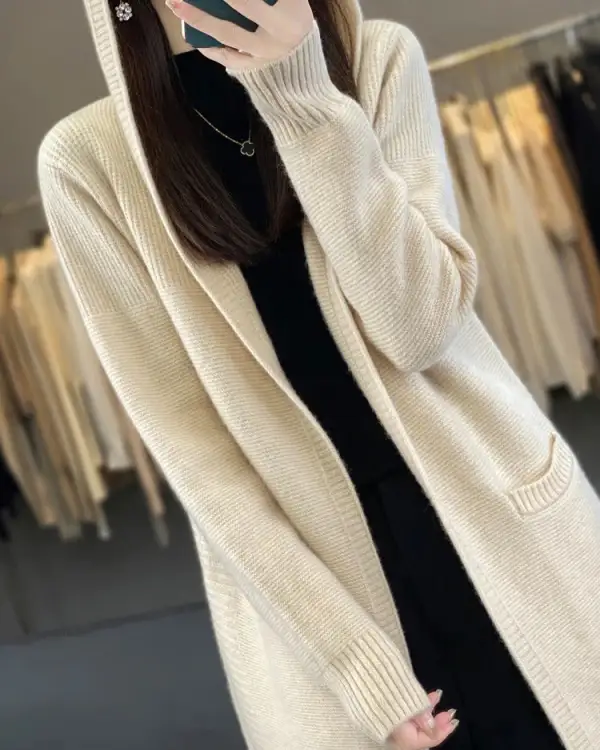 Merino-Wool Wool Hooded Longline Cardigan