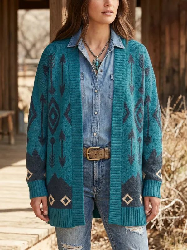 Women's Western Boho Arrow Geometric Printed Cardigan Sweater