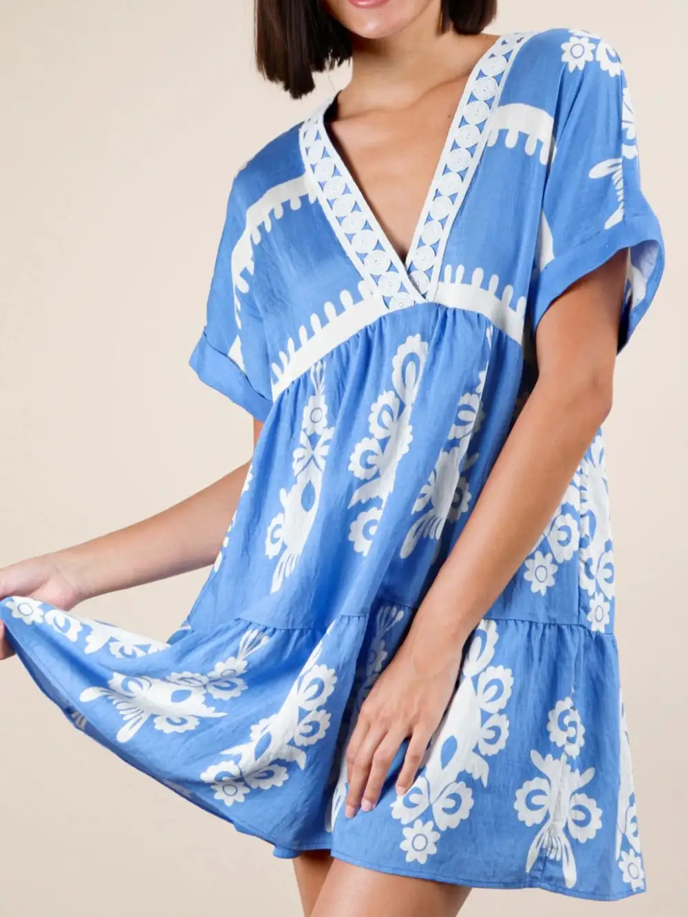 Printed V Neck Short Sleeve Mini Dress