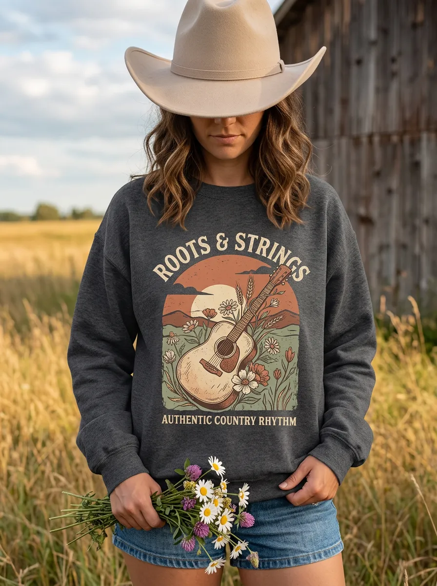 Western Music Guitar Floral Country Graphic Crewneck Sweatshirt
