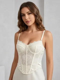 Floral Lace-Trim Satin-Look Elegant Women's Corset Top