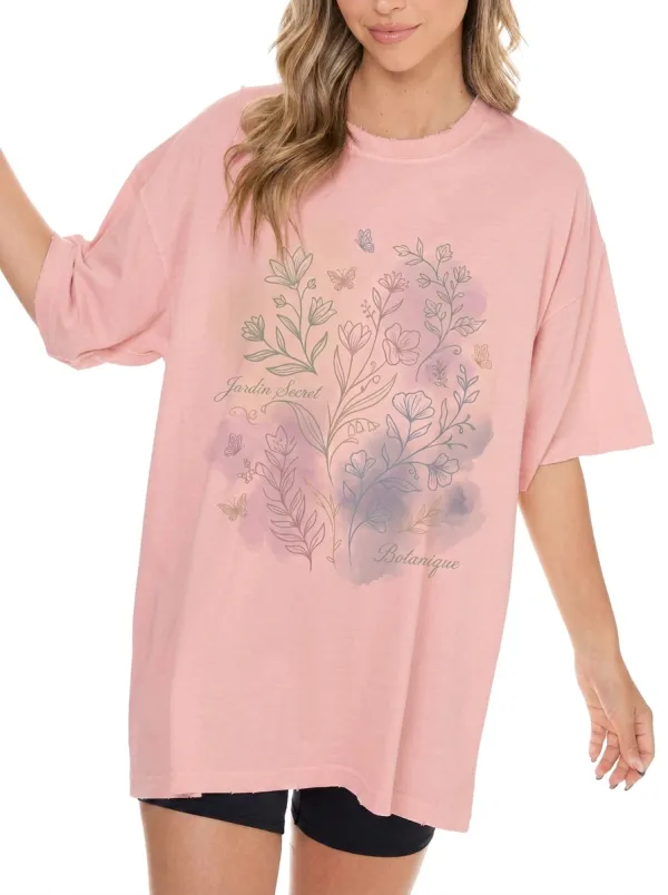 Women's Botanical Garden Butterfly Watercolor Printed T-shirt