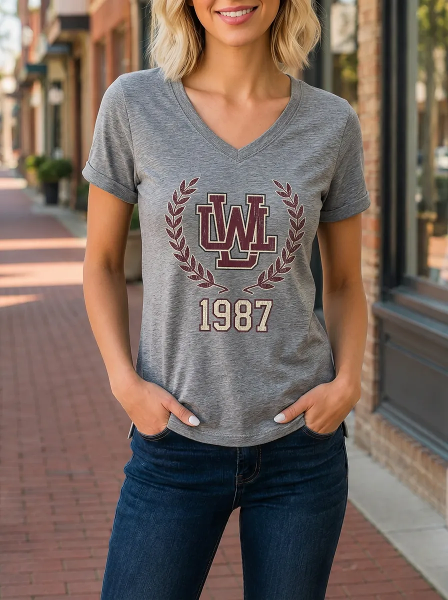 Women's Vintage College Style 1987 Laurel Wreath Printed V-Neck T-Shirt