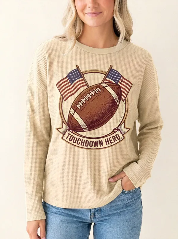 Women's American Football Touchdown Hero USA Flag Printed Waffle T-Shirt