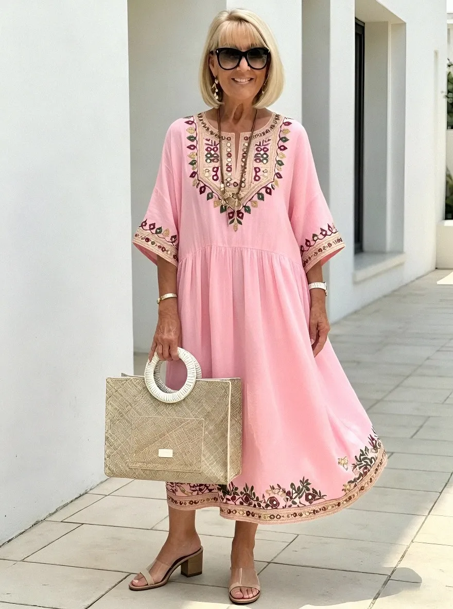 Women's Summer Vacation Boho Floral Embroidered Printed Dress