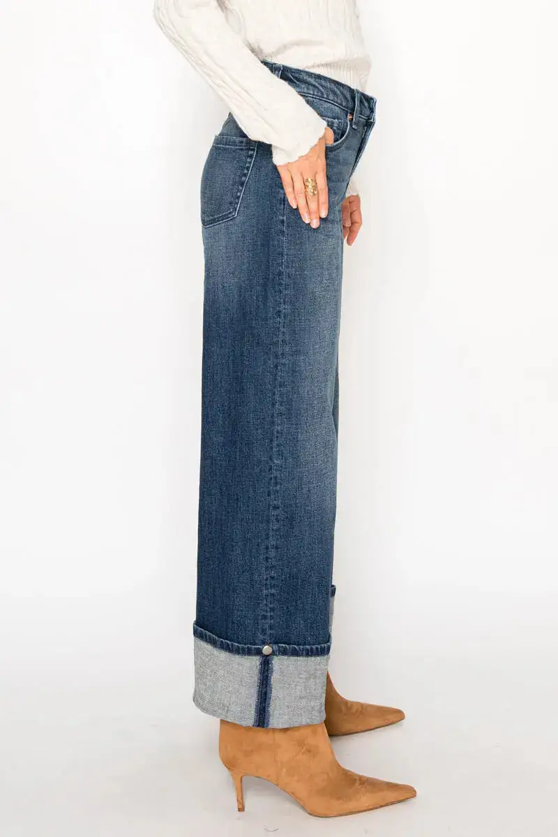 Tummy Control High Rise Vintage Style Wide Leg Cuffed Denim Jeans