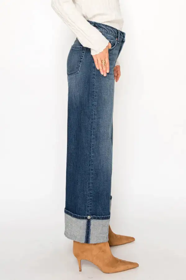Tummy Control High Rise Vintage Style Wide Leg Cuffed Denim Jeans