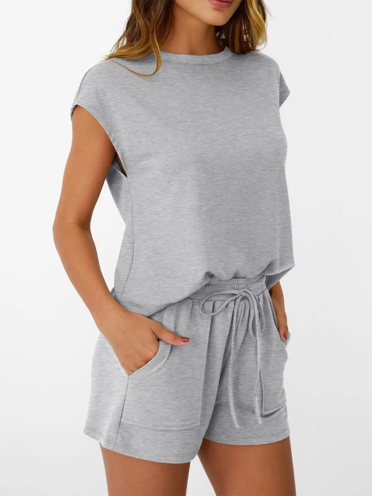 Tailored Drawstring Pocketed Top and Shorts Matching Set