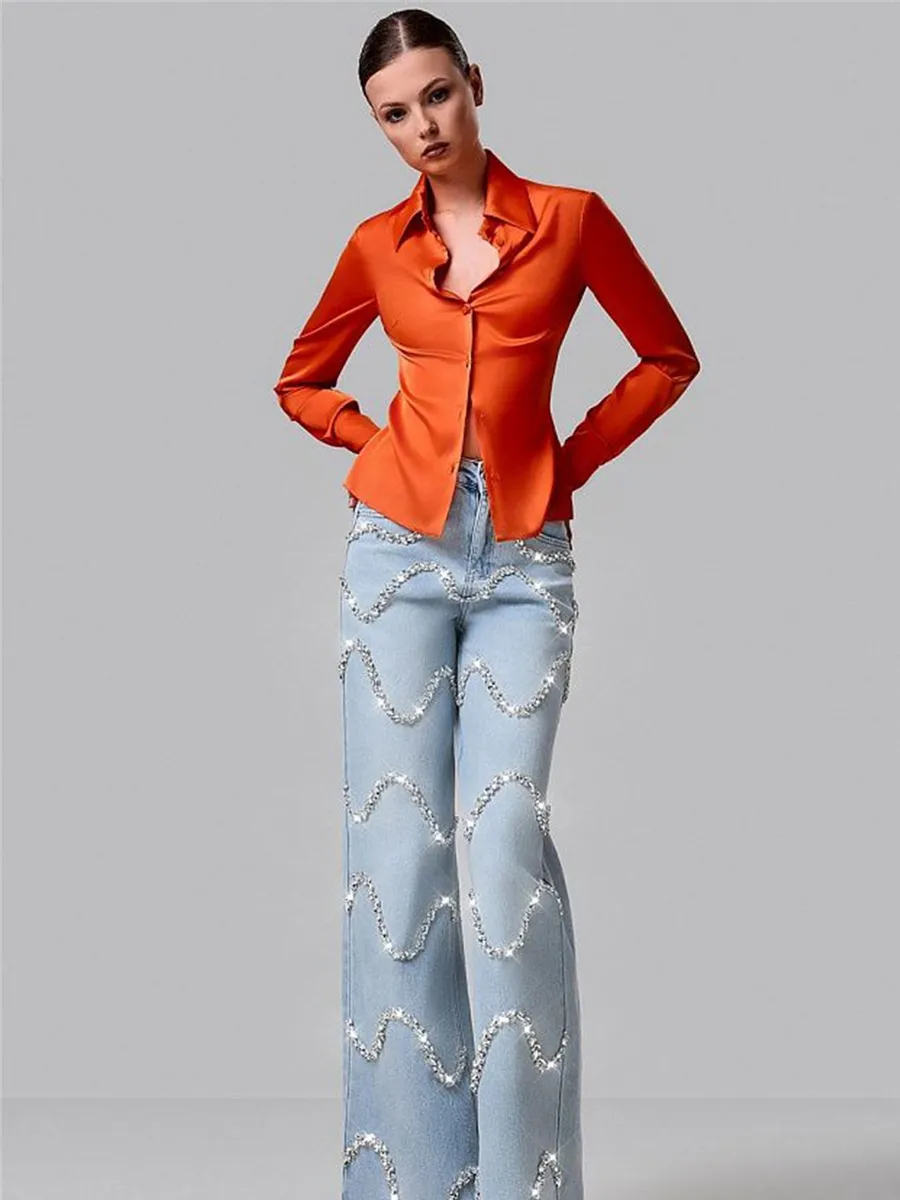 Lucienne Curved Rhinestone-Paneled Jeans