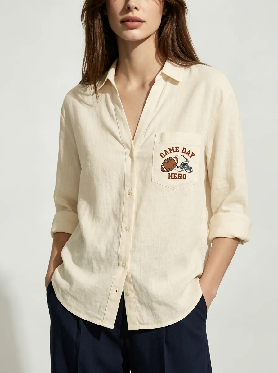 Women's Football Fan Game Day Hero Helmet Printed Button-down Shirt