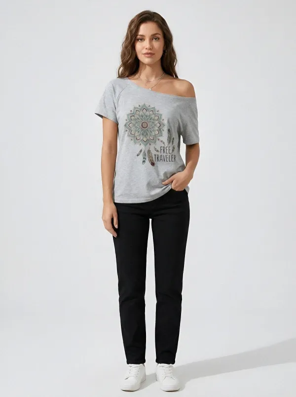Women's Boho Traveler Mandala Feather Printed T-shirt