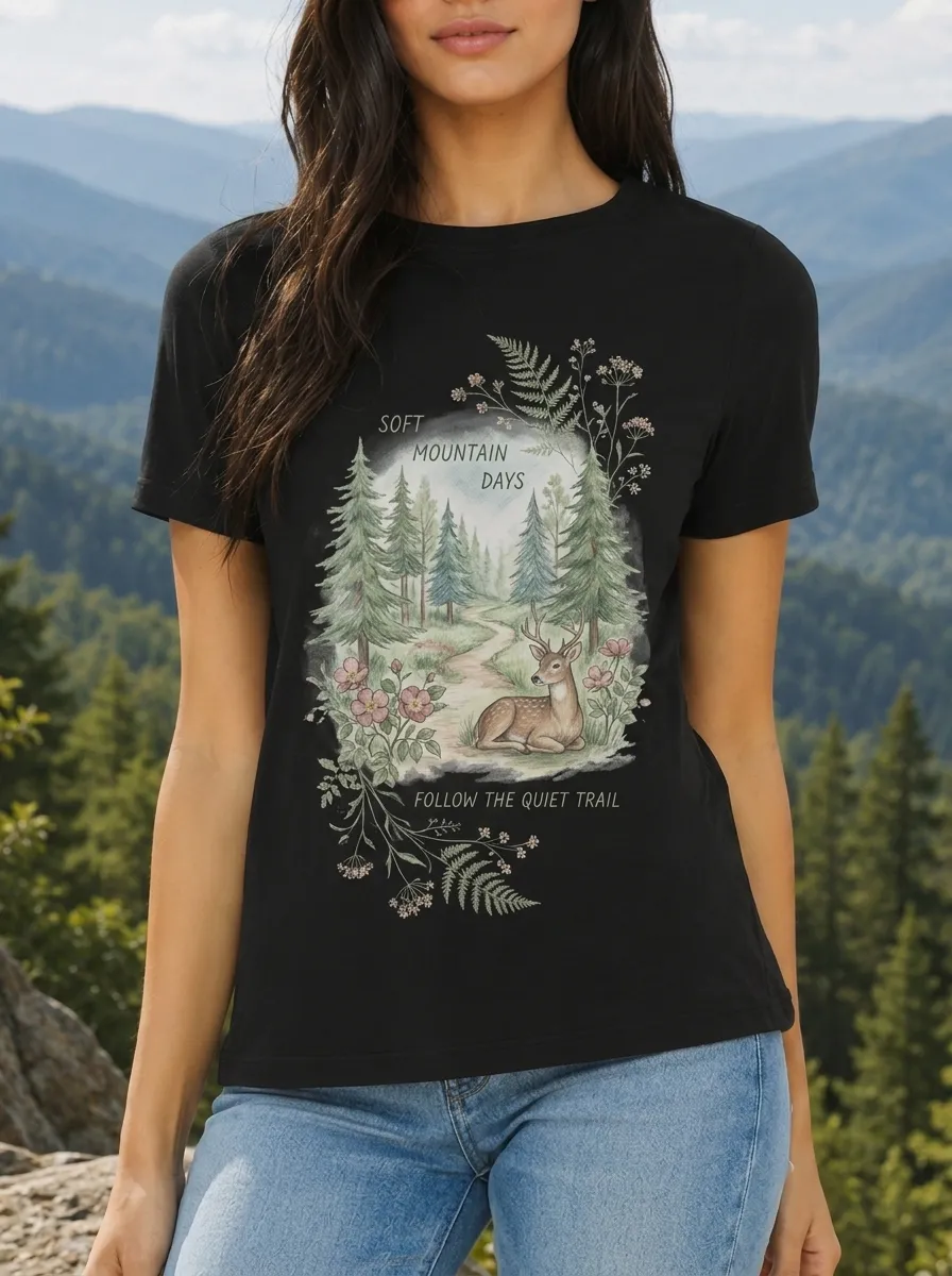 Women's Nature Lover Deer Forest Trail Printed T-shirt