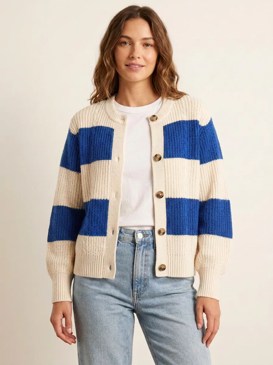 Textured Rugby Striped Button Front Knit Cardigan