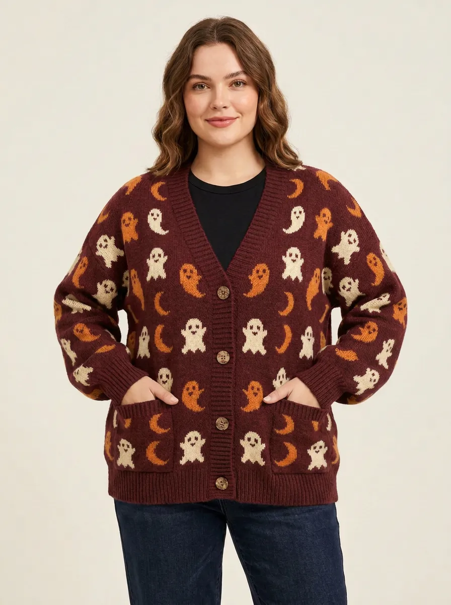 Women's Moonlit Halloween Ghost Moon Knit Cardigan