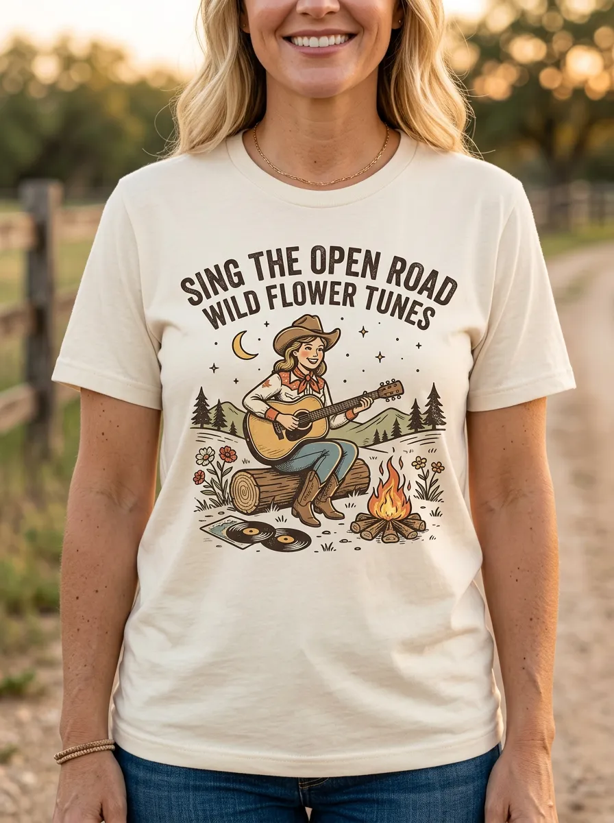 Rustic Guitar Cowgirl Country Music Crewneck T-Shirt