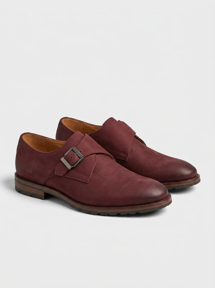 Men's Plaid Pattern Buckle Monk Strap Leather Shoes