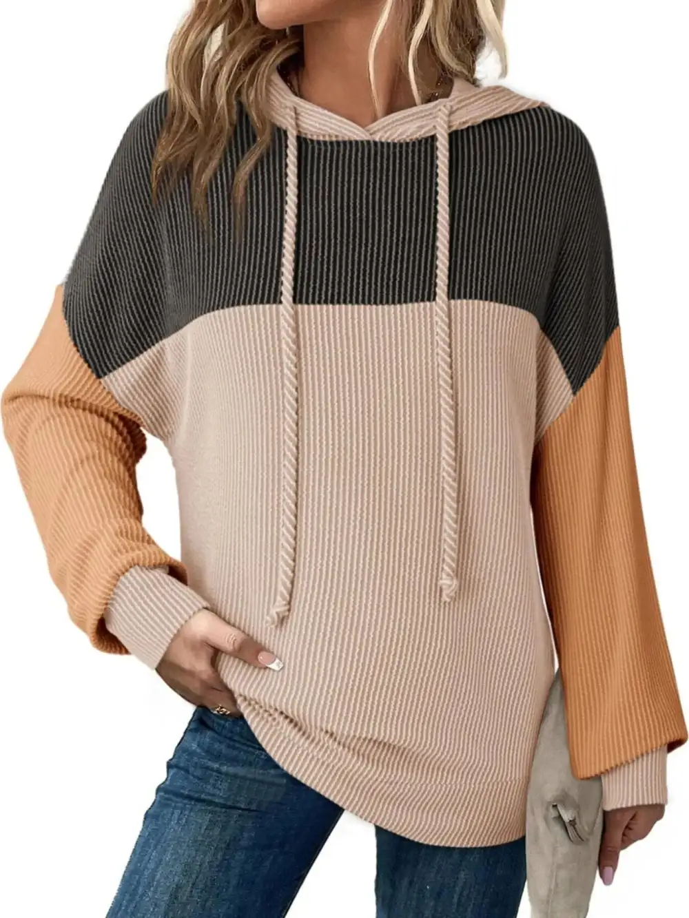 Relaxed Drawstring Long-Sleeve Colorblock Hoodie