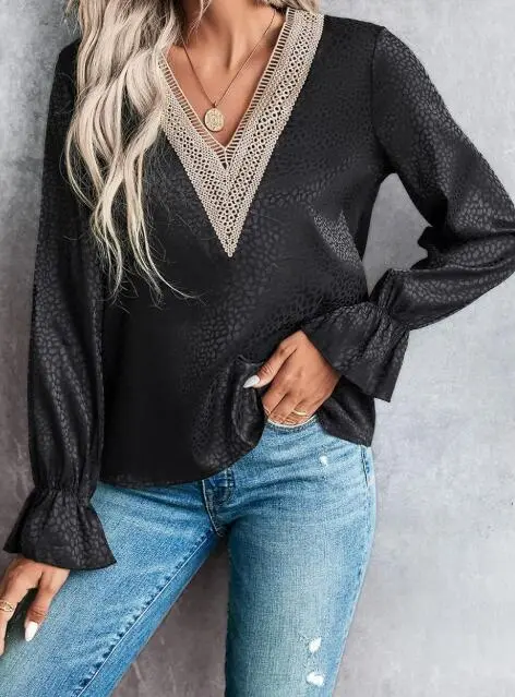 Trimmed V Neck Long Sleeve Blouse