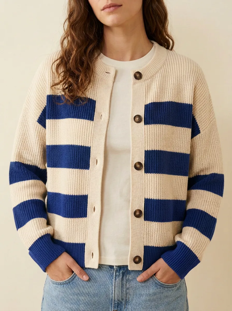 Open Front Rugby Striped Knit Cardigan