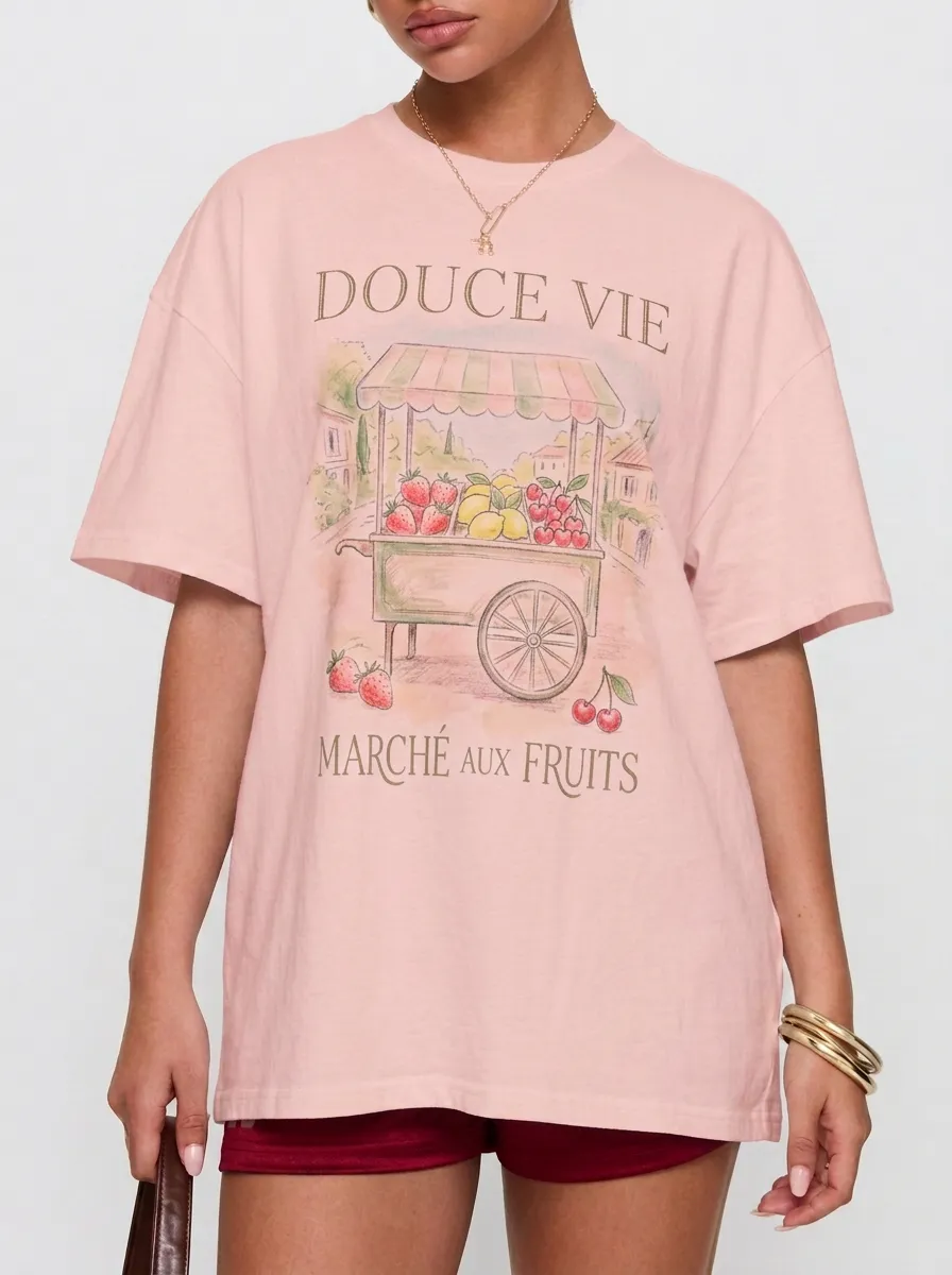 Women's French Aesthetic Fruit Stand Graphic Printed T-shirt