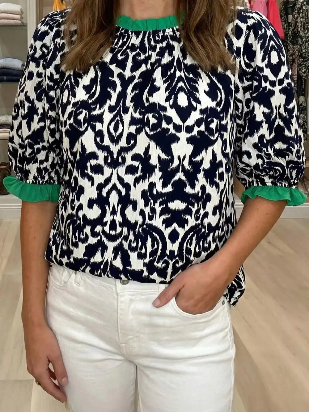 Damask Print Ruffled Block Detail Half Sleeve