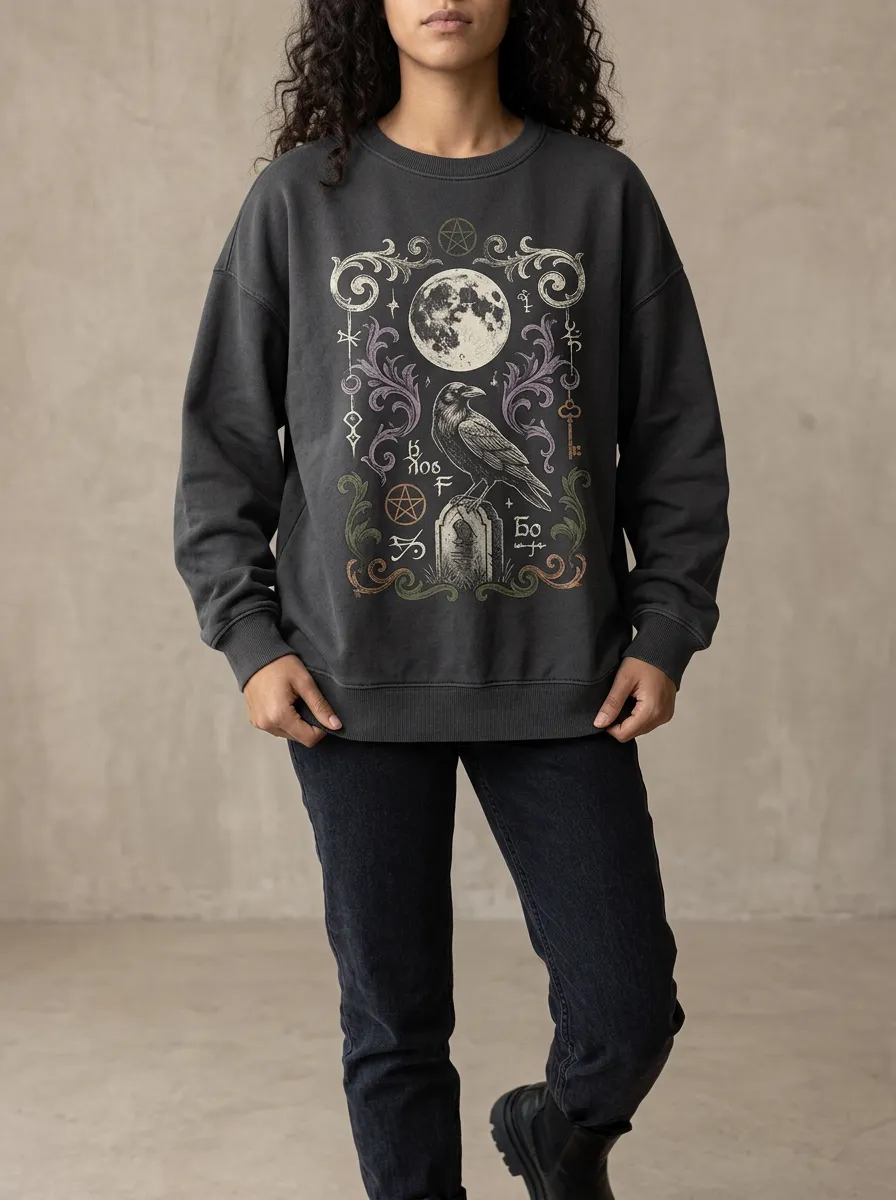 Women's Halloween Gothic Raven Moon Printed Sweatshirt