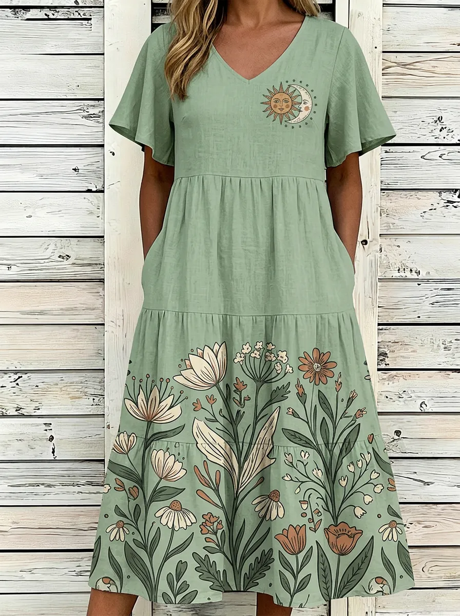 Women's Celestial Sun Moon Floral Printed V-Neck Dress